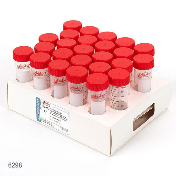 Globe Scientific Diamond MAX Centrifuge Tube, 50mL, Attached Red Flat Top Screw Cap, PP, Printed Graduations, STERILE, Certified, 25/Cardboard Rack, 20 Racks/Unit Centrifuge tube; Conical tube; High Speed; Ultra high Performance; 15mL; Polypropylene tube; Centrifuge